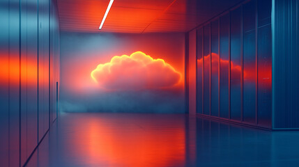 Cloud in a server room symbolizes cloud migration and digital transformation with minimalistic design and bright tone modern blurred empty space for caption

