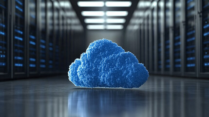 Cloud in a server room symbolizes cloud migration and digital transformation with minimalistic design and bright tone modern blurred empty space for caption

