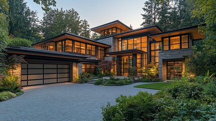Fototapeta premium Modern architectural home with large windows, lush garden, and evening lighting ambiance
