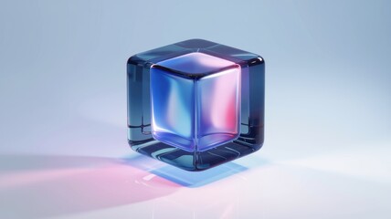 A translucent cube, glowing with vibrant blue and pink light, sits on a reflective surface.