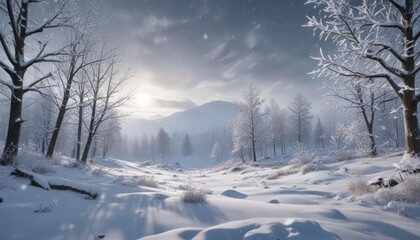 Obraz premium Snowflakes gently falling on a winter landscape, winter scene, peaceful landscape