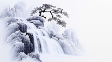 Silent Waterfall, a serene Chinese brush painting capturing a gentle cascade over rugged rocks, evoking tranquility and the beauty of nature's delicate balance.