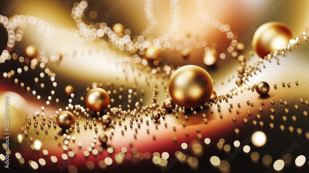 Poster golden spheres and bokeh lights create a luxurious, abstract background.