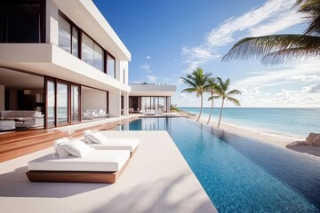 Fototapeta premium Relaxing sunbeds on the sundeck, perfect for a vacation retreat.