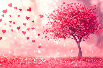 Heart shaped red tree in a vibrant landscape. Valentine's Day background