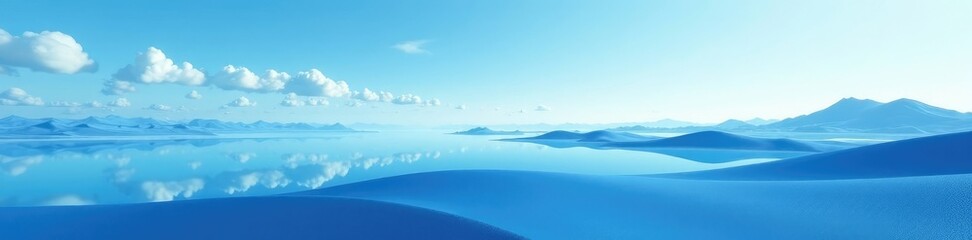 A serene landscape of blues and whites stretches out into the distance, evoking a sense of depth, depth, vastness