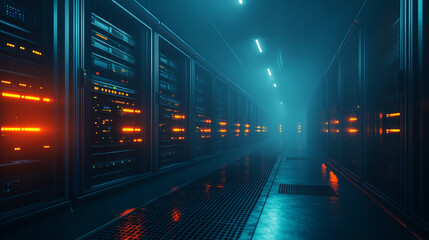 Cloud in a server room symbolizes cloud migration and digital transformation minimalistic bright tone modern blurred empty blank caption space on the side
