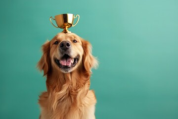 A happy golden retriever proudly balances a golden trophy on its head against a teal background. Trained Dog's Trophy Balancing Trick