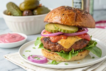 tasty burger on a plate on a light background