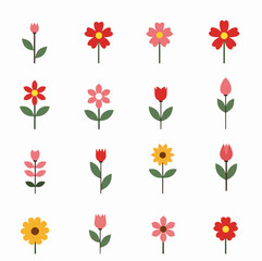 Collection of spring colorful flower elements vector. Set floral of wildflower, leaf branch, foliage on white background. Hand drawn blossom illustration for decor, easter, thanksgiving, clipart.