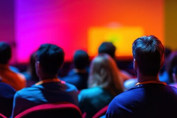 Audience at Conference Event with Colorful Background and Focus on Speaker Presentation