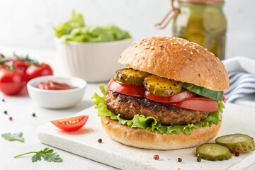tasty burger on a plate on a light background