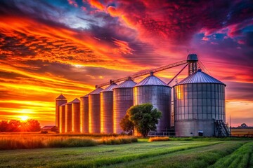 Majestic Sunrise over Rural Grain Silos - Stunning Agricultural Landscape Photography