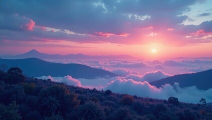 Softly glowing clouds in a serene twilight landscape, peaceful, hazy, landscape