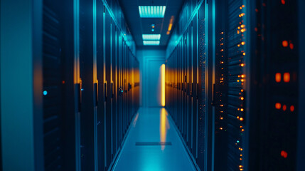 Cloud in a server room symbolizes cloud migration and digital transformation minimalistic bright tone modern blurred empty blank caption space on the side
