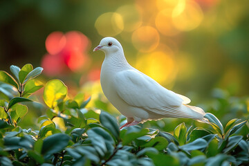 Obraz premium White Dove Resting Amidst Lush Green Foliage