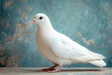 A pristine white dove rests on a textured surface