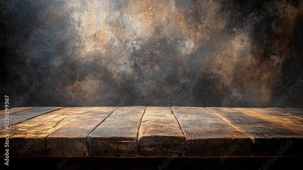 Poster sunlight softly illuminates the weathered wood of a rustic table set against a dark slate background