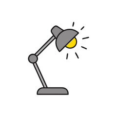 A gray desk lamp with a yellow bulb shines, isolated vector graphic