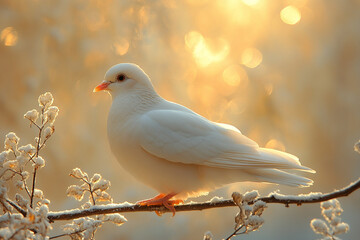 White Dove Perched On A Snowy Branch At Sunset