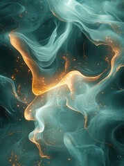 Teal and gold abstract smoke swirls, cosmic background, digital art, design element