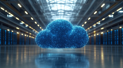 Cloud in a server room symbolizes cloud migration and digital transformation minimalistic bright tone modern blurred empty blank caption space on the side
