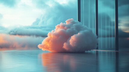 Cloud in a server room symbolizes cloud migration and digital transformation minimalistic bright tone modern blurred empty blank caption space on the side
