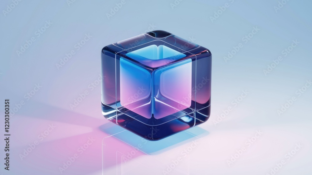 Poster a translucent cube with vibrant blue and pink gradient inner glow, reflecting light.