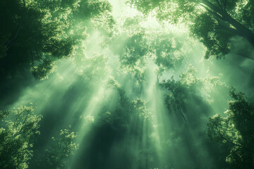 Green forest trees bottom view. Nature background with tall forest tree trunks and branches, sunlight through foliage. Summer park landscape