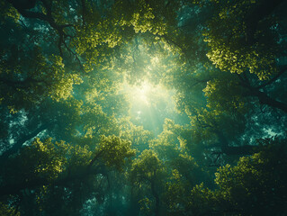 Obraz premium Green forest with sun light. Nature background with trees and sunlight, summer forest with sun rays shining through foliage