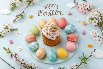Obraz premium Easter eggs and kulich on blue background. Happy Easter background for spring holiday. Postcard. Photo generated by AI.