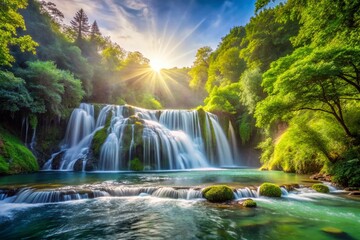 Fototapeta premium Majestic Waterfall Cascading into River, Nature Photography