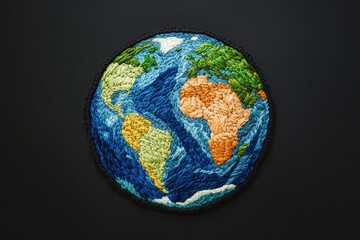 Fototapeta premium Colorful Embroidered Globe of the World on a Dark Background Representing Earth Art