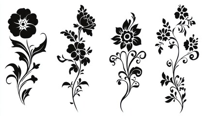 Fototapeta premium Four black floral designs, isolated on white background, for textile printing