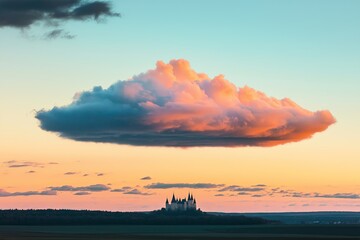 A cloud shaped like a castle drifting above a colorful sunset.