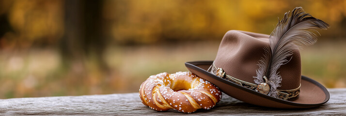 Traditional Bavarian hat with feather beside salted pretzel