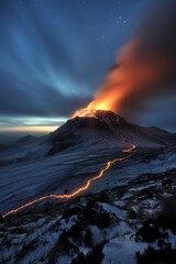 Fototapeta premium A dramatic volcano eruption, with glowing lava rivers flowing down its sides. The moonlight reflects off the smoke and ash, creating an ethereal and otherworldly atmosphere. Natural disaster.