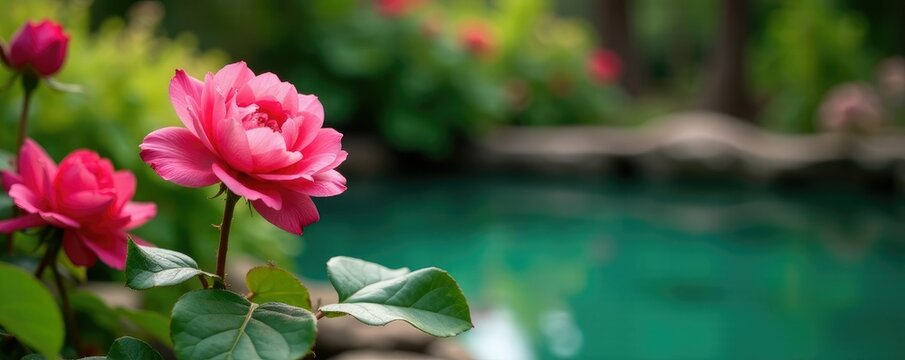 Rosa y margaritas crecen en un jard?n cubierto de agua, rosa, flor, margarita