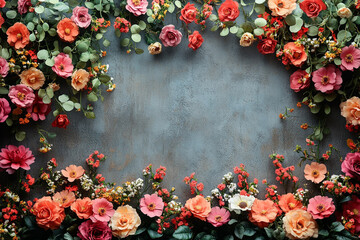 A floral border of roses and other blossoms surrounds a gray background