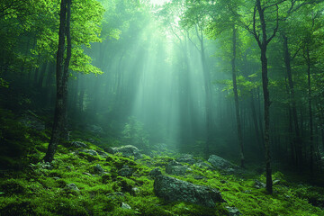 Obraz premium Sunbeams Illuminate a Misty Green Forest Scene