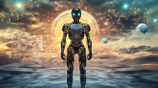Futuristic humanoid robot with glowing blue eyes standing in a surreal cosmic landscape. 4K video