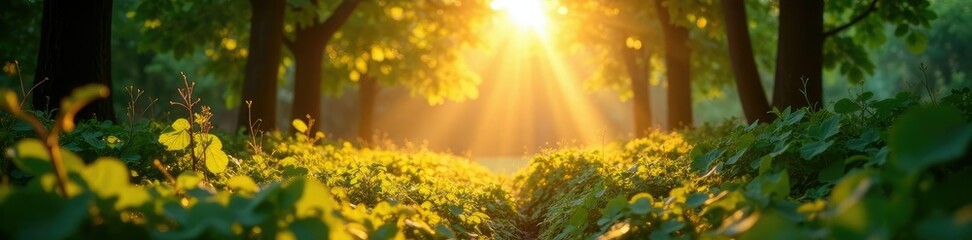 Fototapeta premium sun casting dappled light through tangled vegetation, light, sun