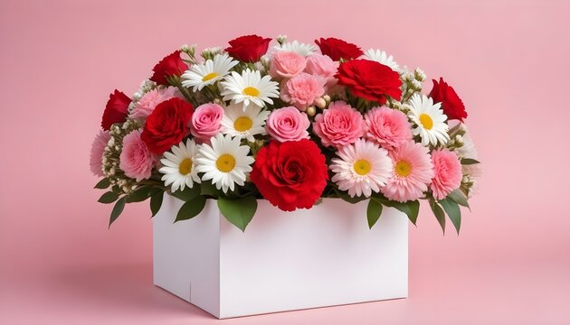 Un ramo de flores coloridas que incluyen rosas rojas, claveles rosados ​​y margaritas blancas en una caja de regalo blanca sobre un fondo rosa