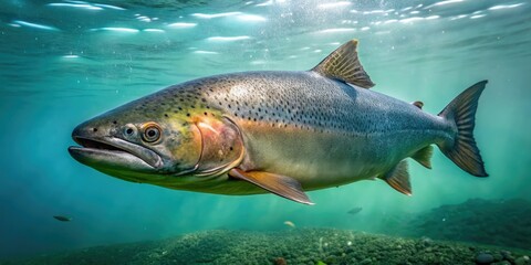 Fototapeta premium Salmon swimming near the surface with a layer of slime coating its skin, slime, slippery, swimming