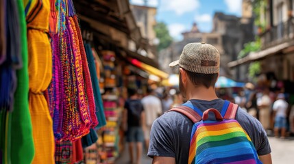 Vibrant Market Scene with Colorful Textiles and Tourists Exploring