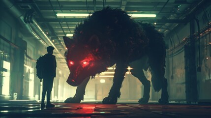 A lone man confronts a massive black wolf with glowing red eyes in an intense standoff.