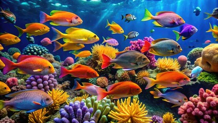 School of brightly colored fish swimming together in the coral reef, diversity, species, colorful, marine life