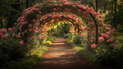 Fototapeta premium Pink rose garden archway on sunset. Idyllic rose garden