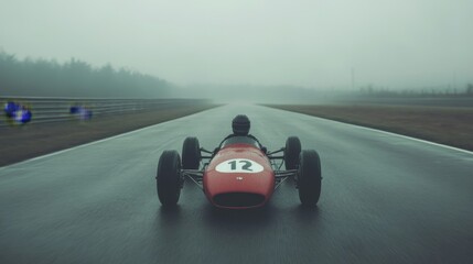 Classic red race car driving on a foggy track.