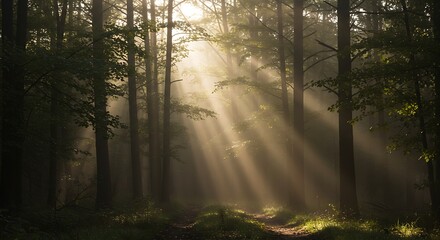 Obraz premium Mystical Foggy Forest with Sunlight Beams Piercing Through